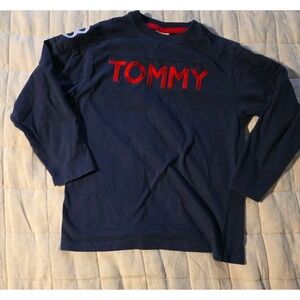 Vintage Tommy Hilfiger Long Sleeve Shirt Navy Spell Out Logo 90s Y2K Boys Small